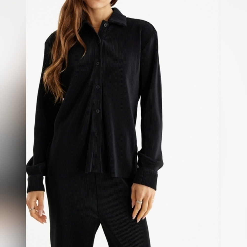 All:Row Black‎ Ribbed Button-Up Shirt and Wide Leg Pants Set